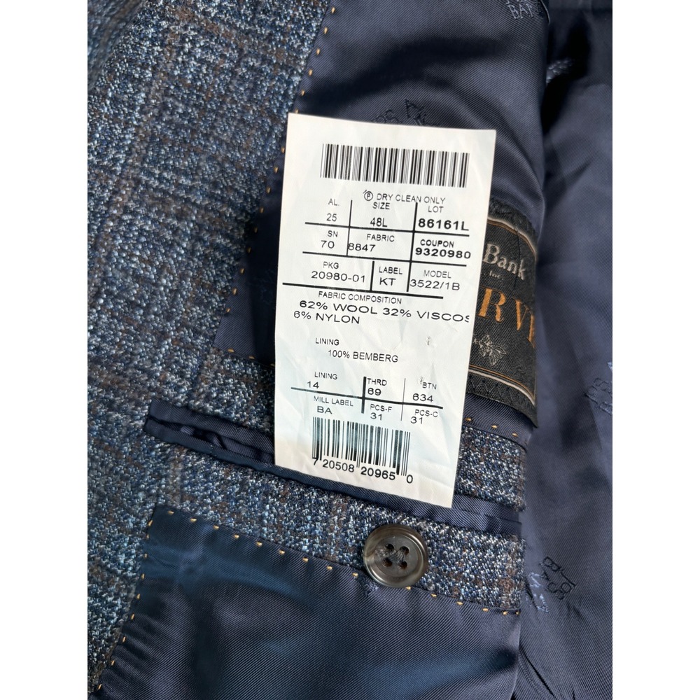 Jos A Bank Reserve Blazer 48L Blue Brown Plaid Wool Made in USA Italian Fabric - Picture 9 of 14